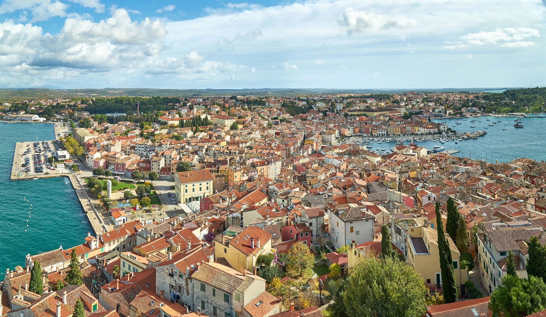 View across Rovinj rooftops and harbour in November